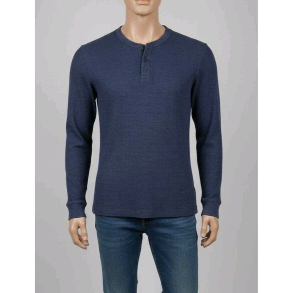St. John's Bay Men's XXL Thermal Henley Shirt Navy Blue Waffle Knit Long Sleeve